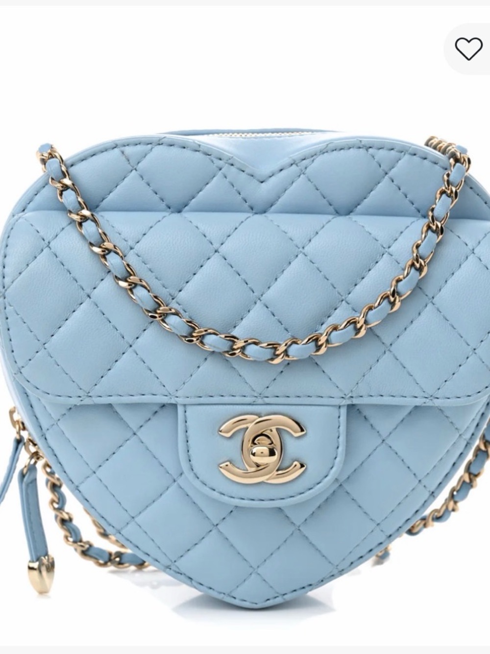 CHANEL Baby Blue Quilted Heart Mini Crossbody with Gold Chain
